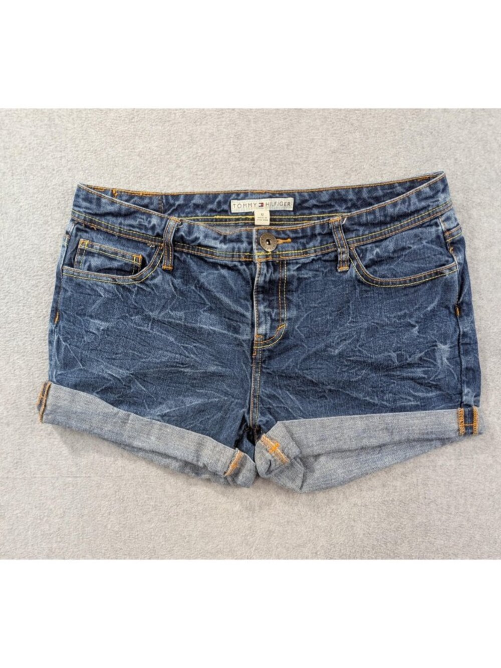 Tommy Hilfiger Shorts Womens 12 Blue Denim Cuffed Cutoff Logo Summer Casual